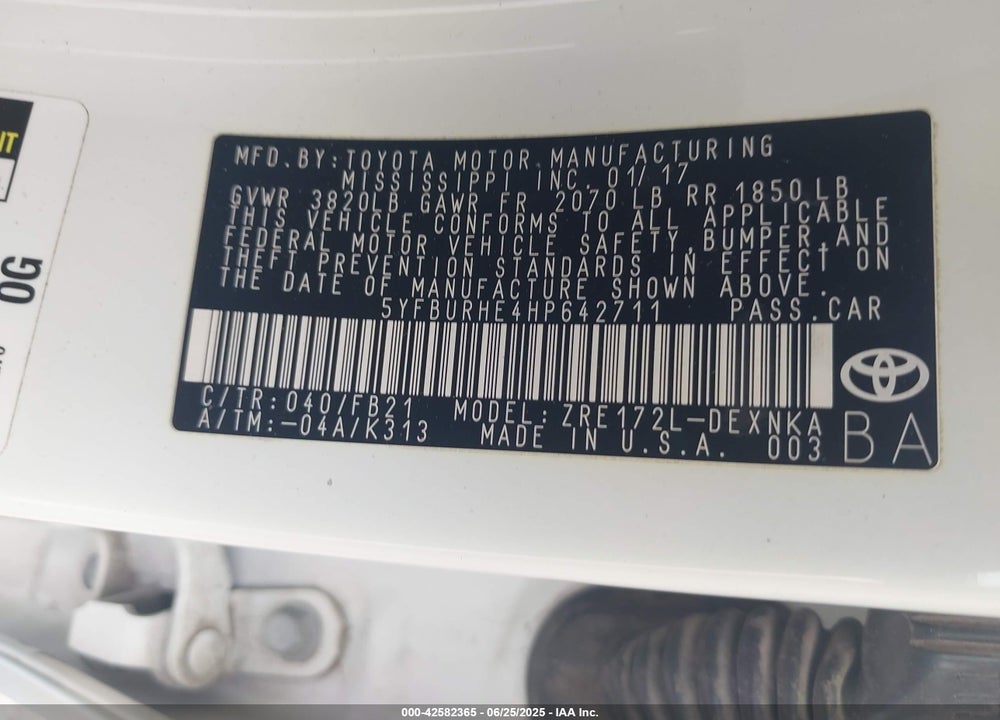 2017 TOYOTA COROLLA VIN: 5YFBURHE4HP642711