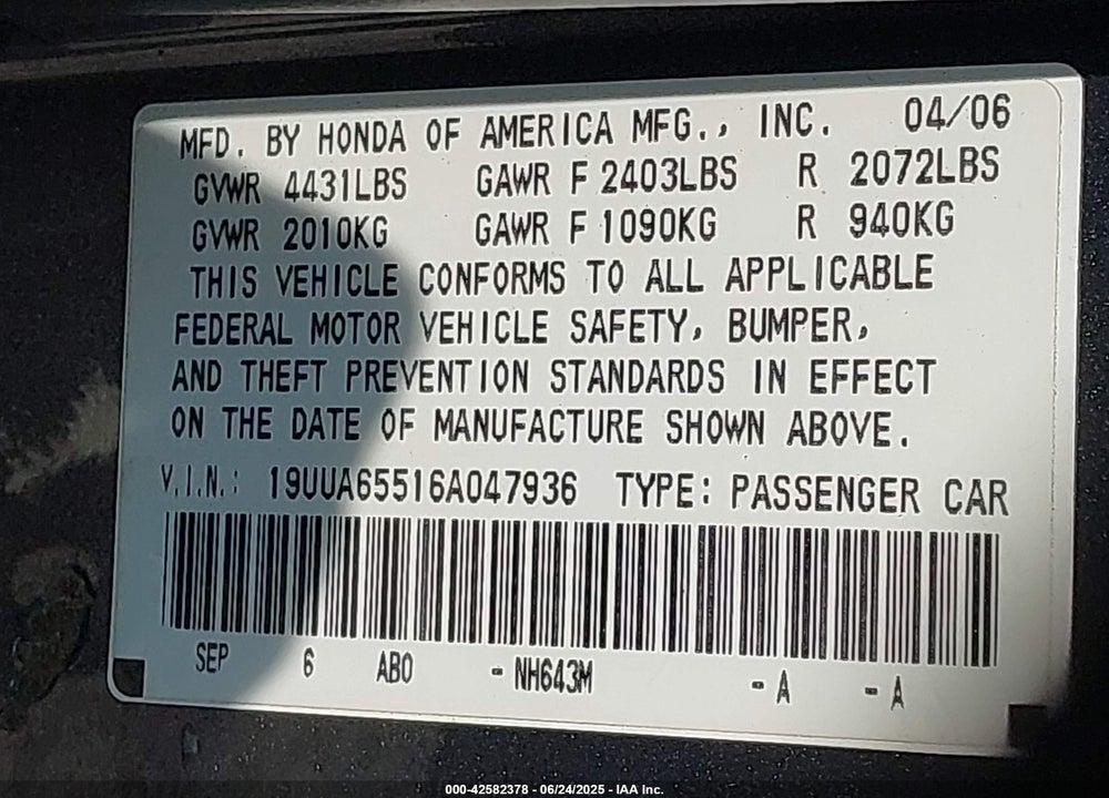 2006 ACURA TL VIN: 19UUA65516A047936