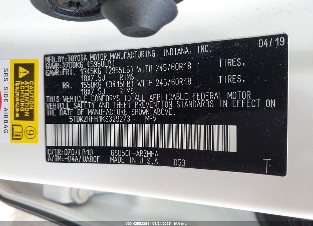 2019 TOYOTA HIGHLANDER VIN: 5TDKZRFH1KS329273