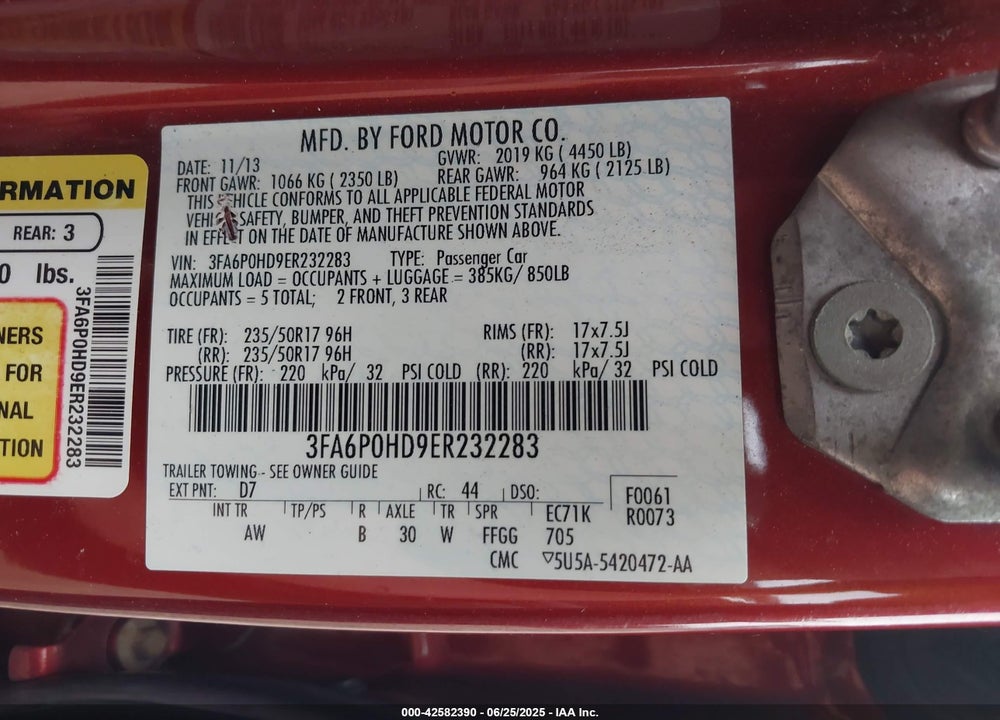 2014 FORD FUSION VIN: 3FA6P0HD9ER232283