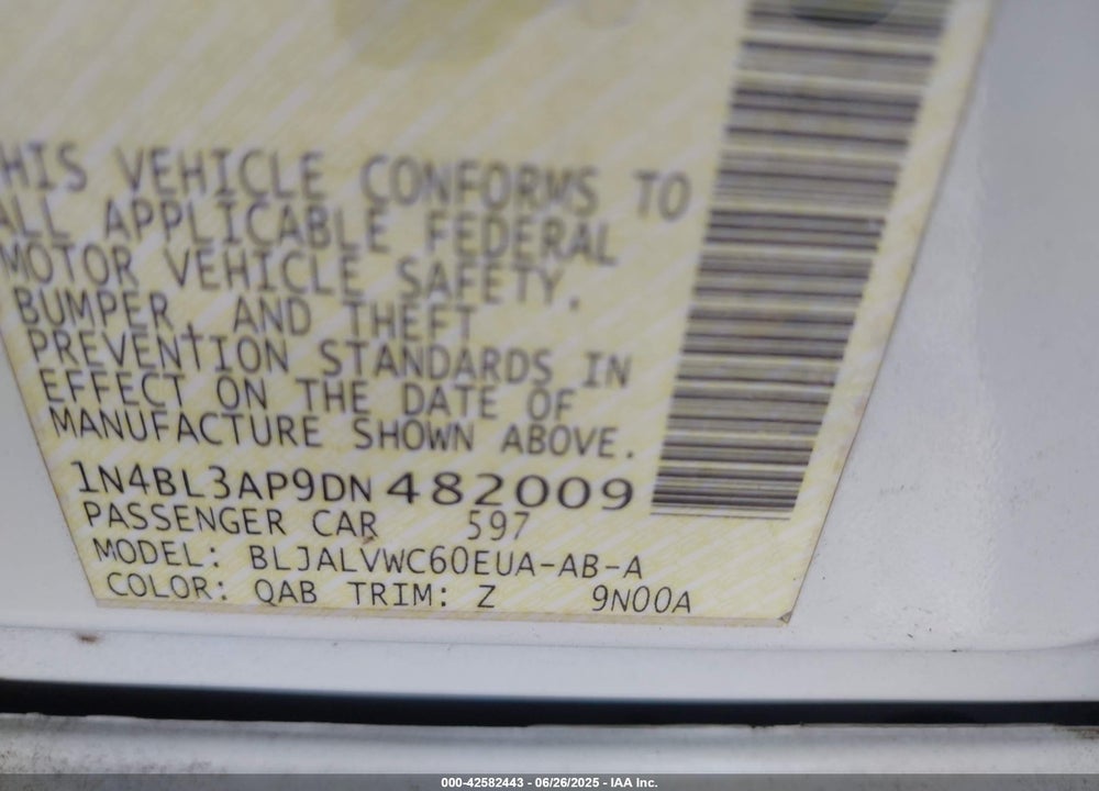 2013 NISSAN ALTIMA VIN: 1N4BL3AP9DN482009