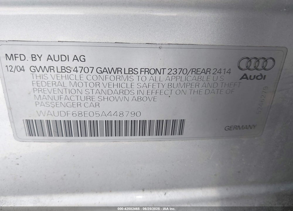 2005 AUDI A4 2.0T VIN: WAUDF68E05A448790