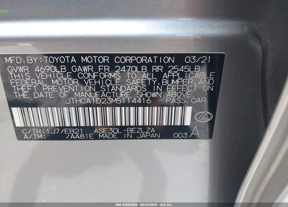 2021 LEXUS IS VIN: JTHCA1D23M5114416