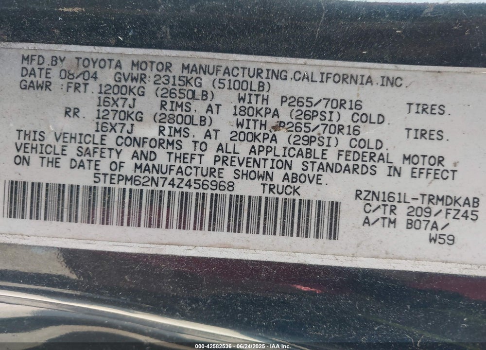 2004 TOYOTA TACOMA VIN: 5TEPM62N74Z456968