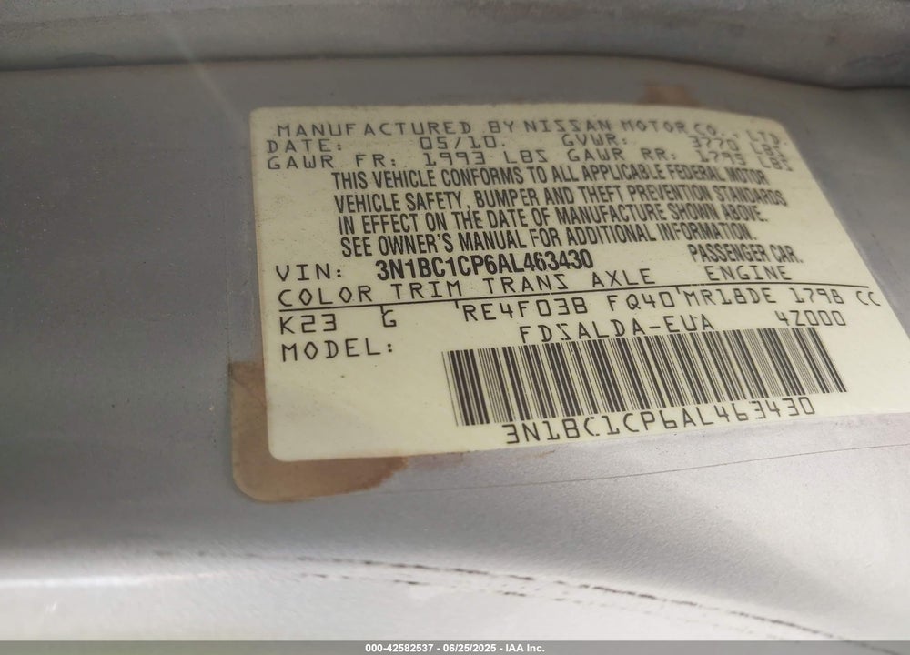 2010 NISSAN VERSA VIN: 3N1BC1CP6AL463430