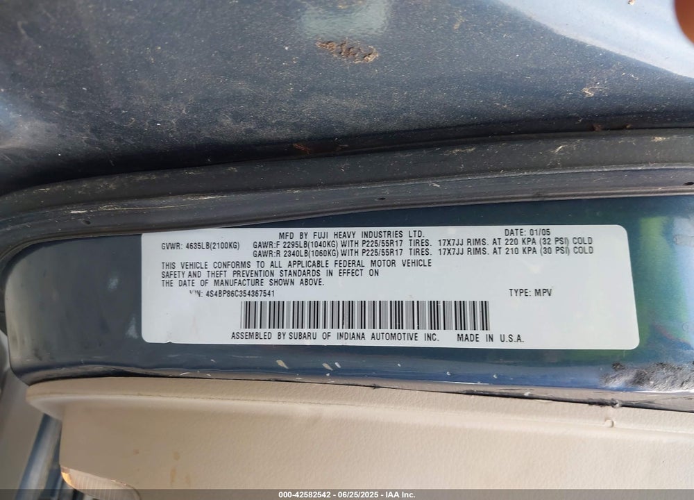 2005 SUBARU OUTBACK 3.0R L.L. BEAN EDITION VIN: 4S4BP86C354367541