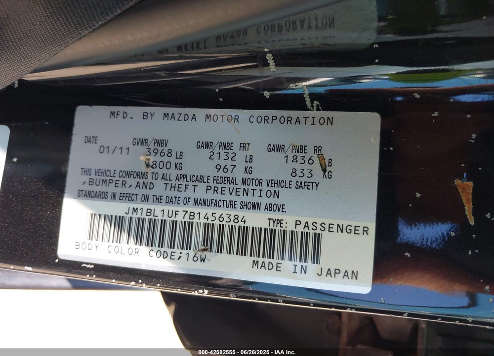 2011 MAZDA 3 VIN: JM1BL1UF7B1456384