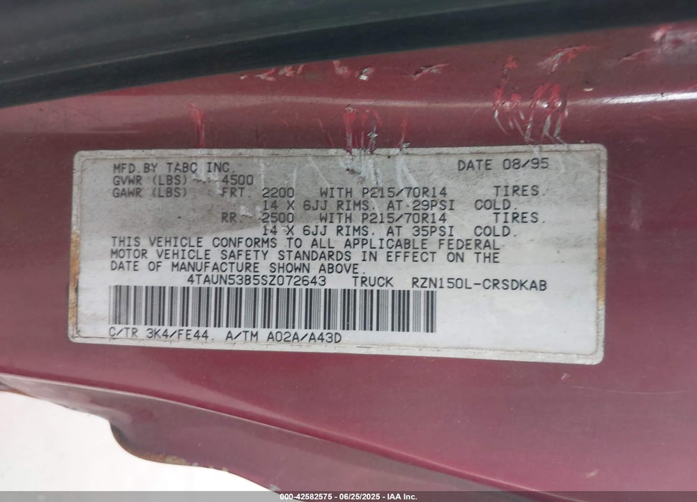 1995 TOYOTA TACOMA XTRACAB VIN: 4TAUN53B5SZ072643