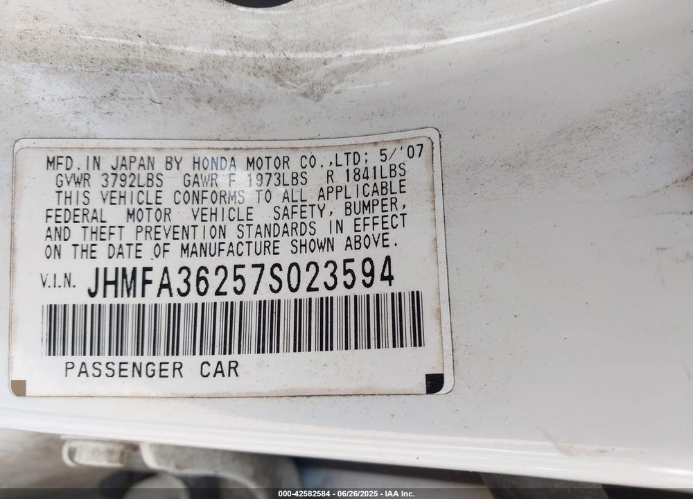 2007 HONDA CIVIC HYBRID VIN: JHMFA36257S023594