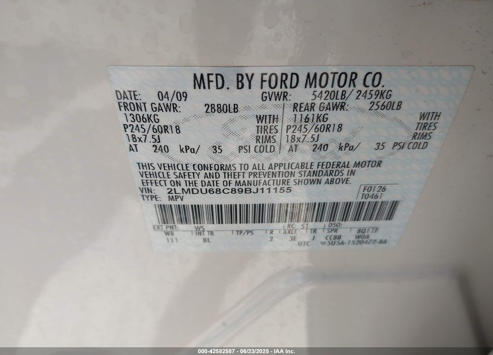 2009 LINCOLN MKX VIN: 2LMDU68C89BJ11155