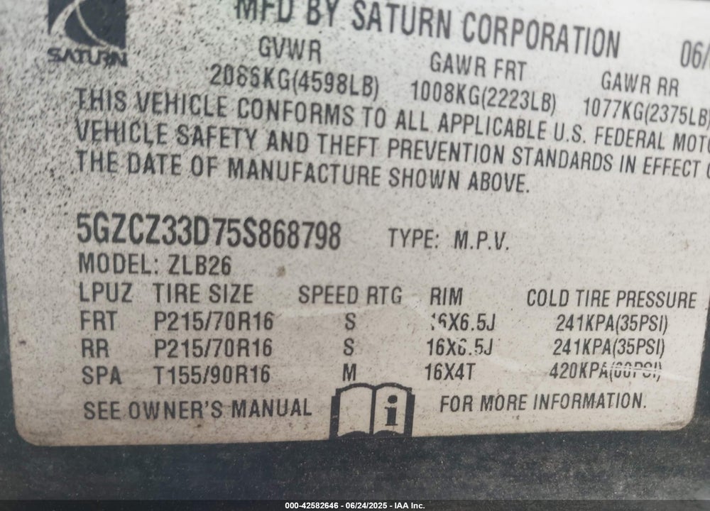 2005 SATURN VUE VIN: 5GZCZ33D75S868798