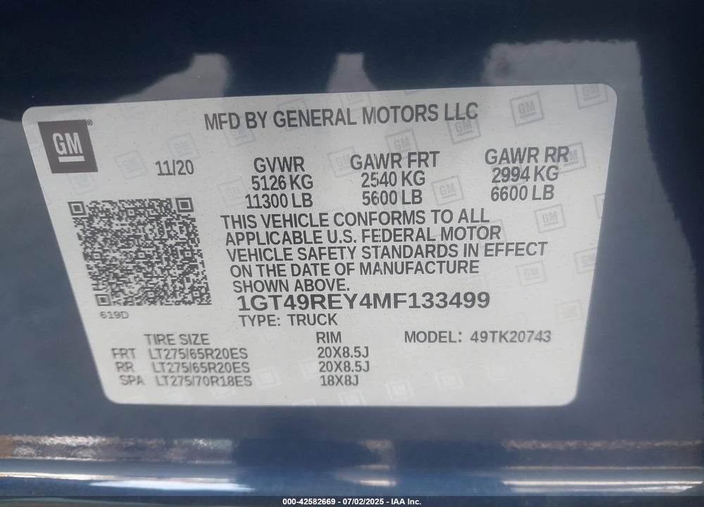 2021 GMC SIERRA 2500HD 4WD  STANDARD BED DENALI VIN: 1GT49REY4MF133499