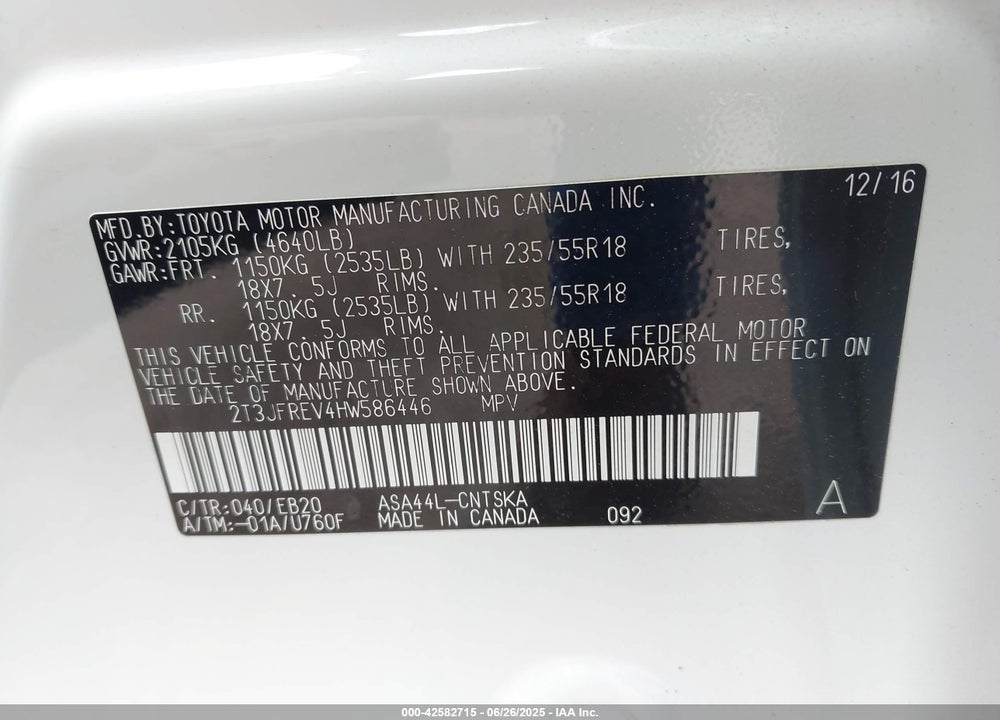 2017 TOYOTA RAV4 VIN: 2T3JFREV4HW586446