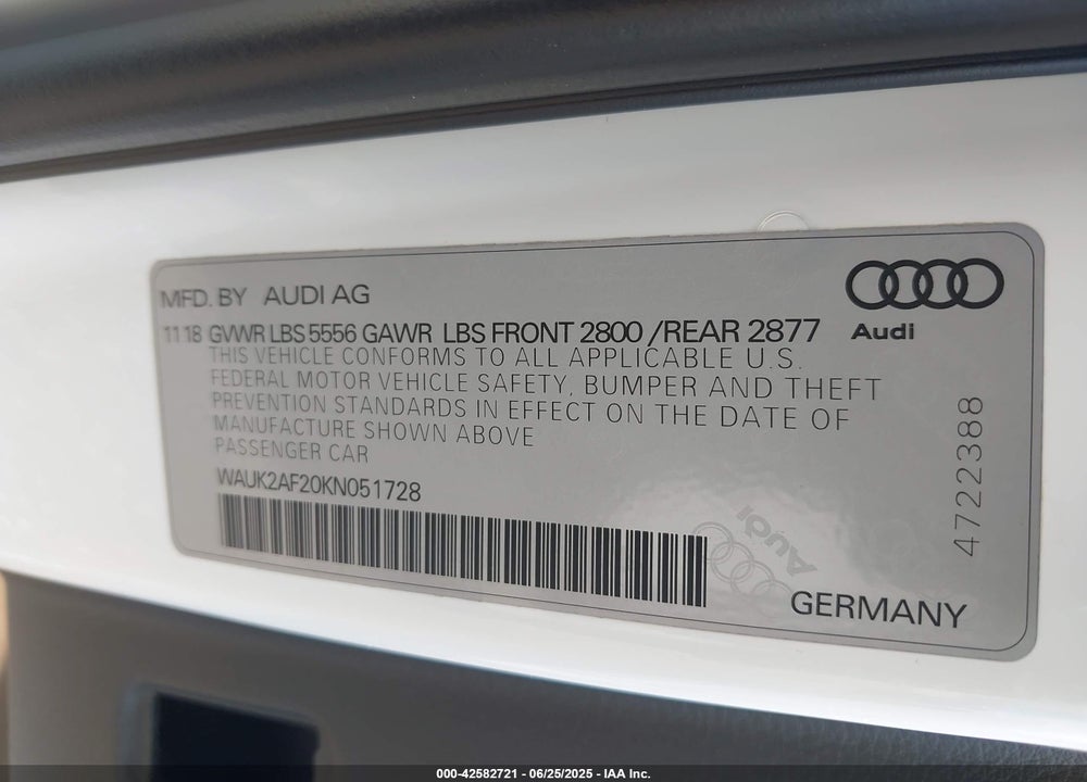 2019 AUDI A6 VIN: WAUK2AF20KN051728