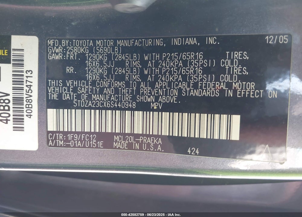 2006 TOYOTA SIENNA LE VIN: 5TDZA23CX6S440948
