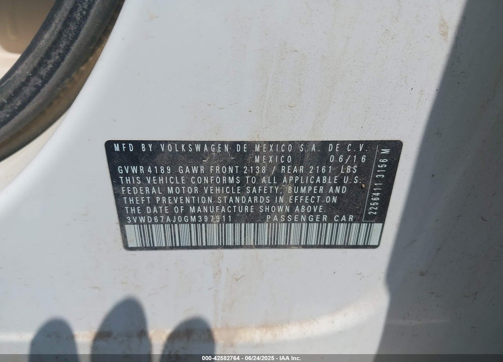 2016 VOLKSWAGEN JETTA VIN: 3VWD67AJ0GM397911