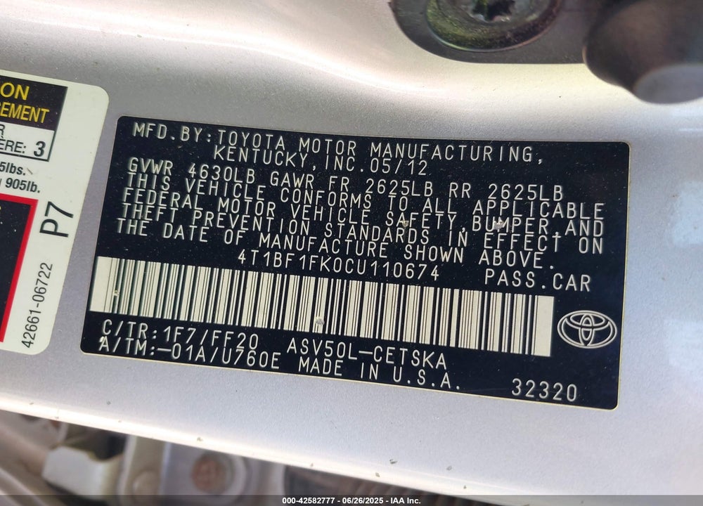 2012 TOYOTA CAMRY VIN: 4T1BF1FK0CU110674
