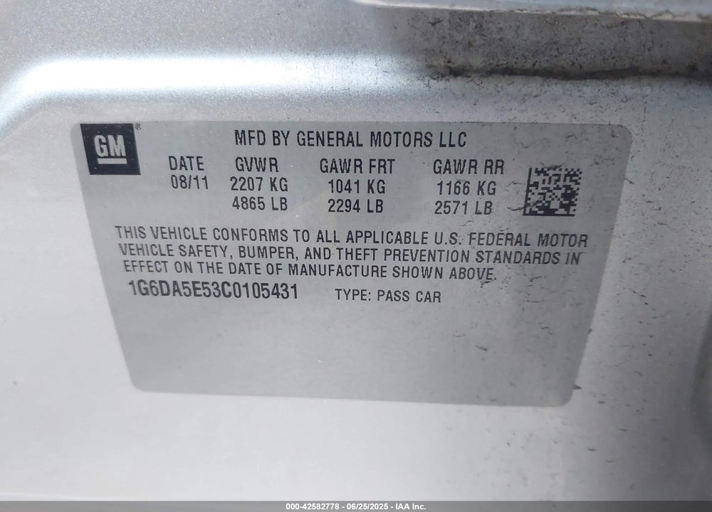 2012 CADILLAC CTS VIN: 1G6DA5E53C0105431