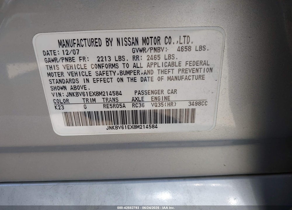 2008 INFINITI G35 VIN: JNKBV61EX8M214584