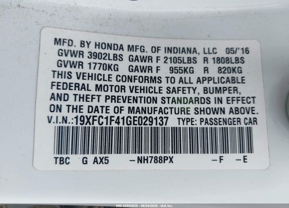 2016 HONDA CIVIC VIN: 19XFC1F41GE029137