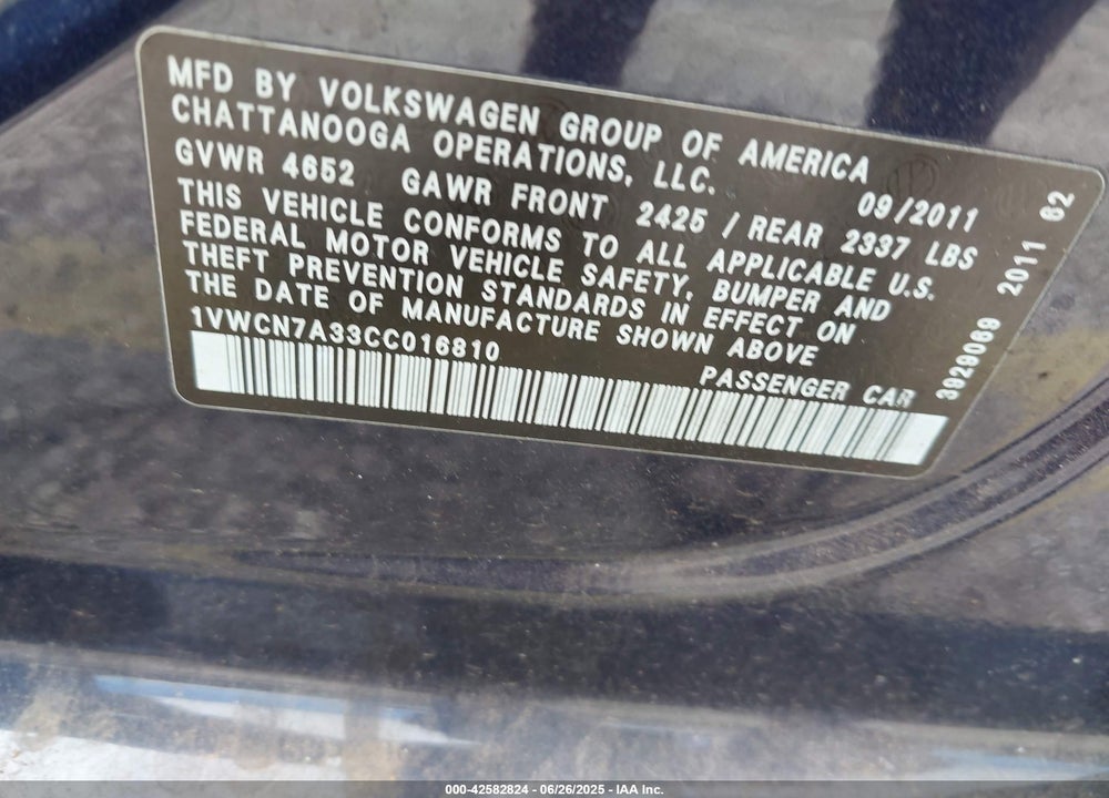 2012 VOLKSWAGEN PASSAT 2.0L TDI SEL PREMIUM VIN: 1VWCN7A33CC016810