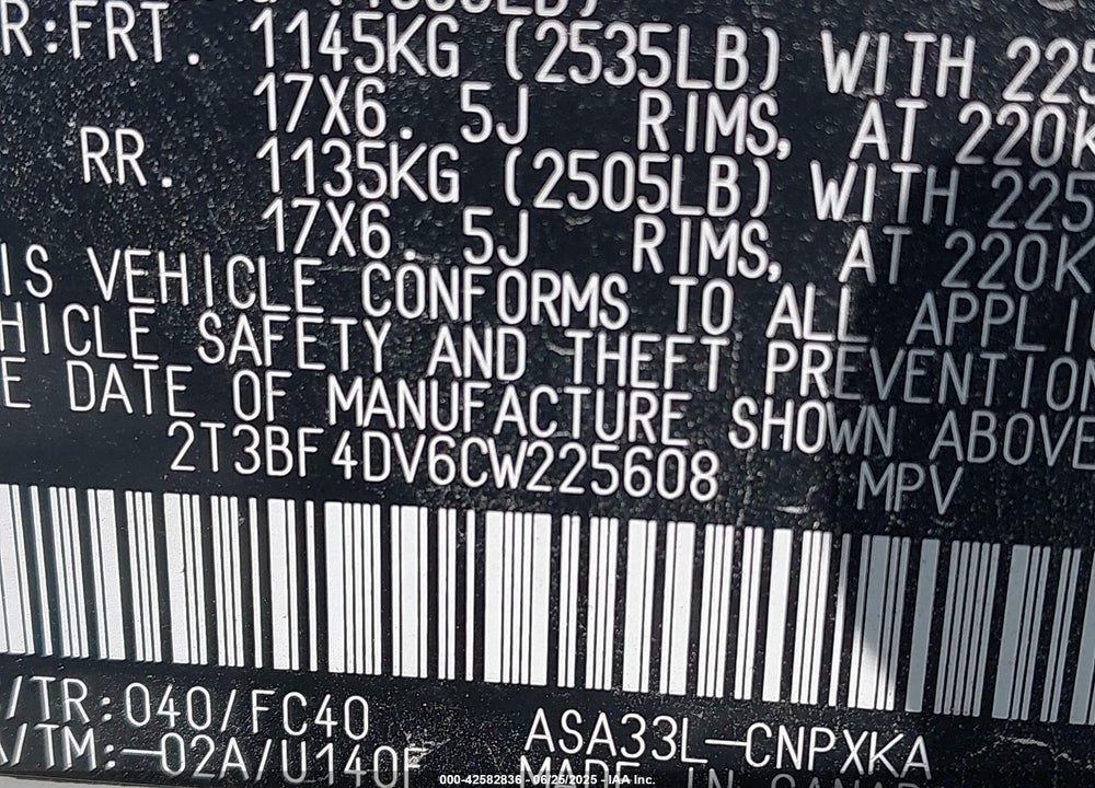 2012 TOYOTA RAV4 VIN: 2T3BF4DV6CW225608