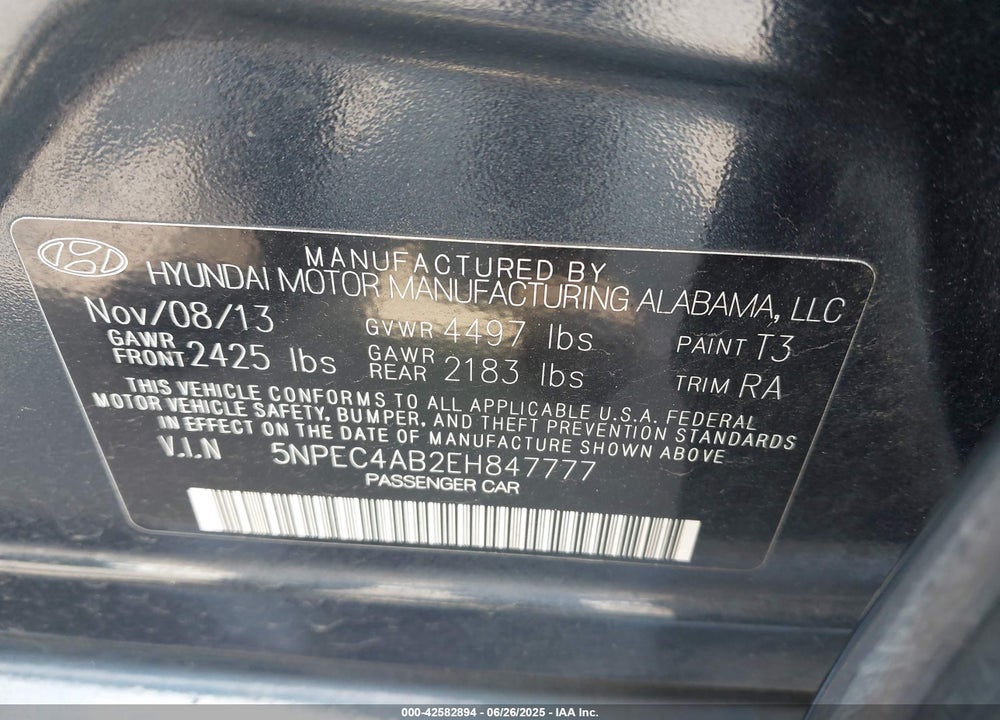 2014 HYUNDAI SONATA VIN: 5NPEC4AB2EH847777