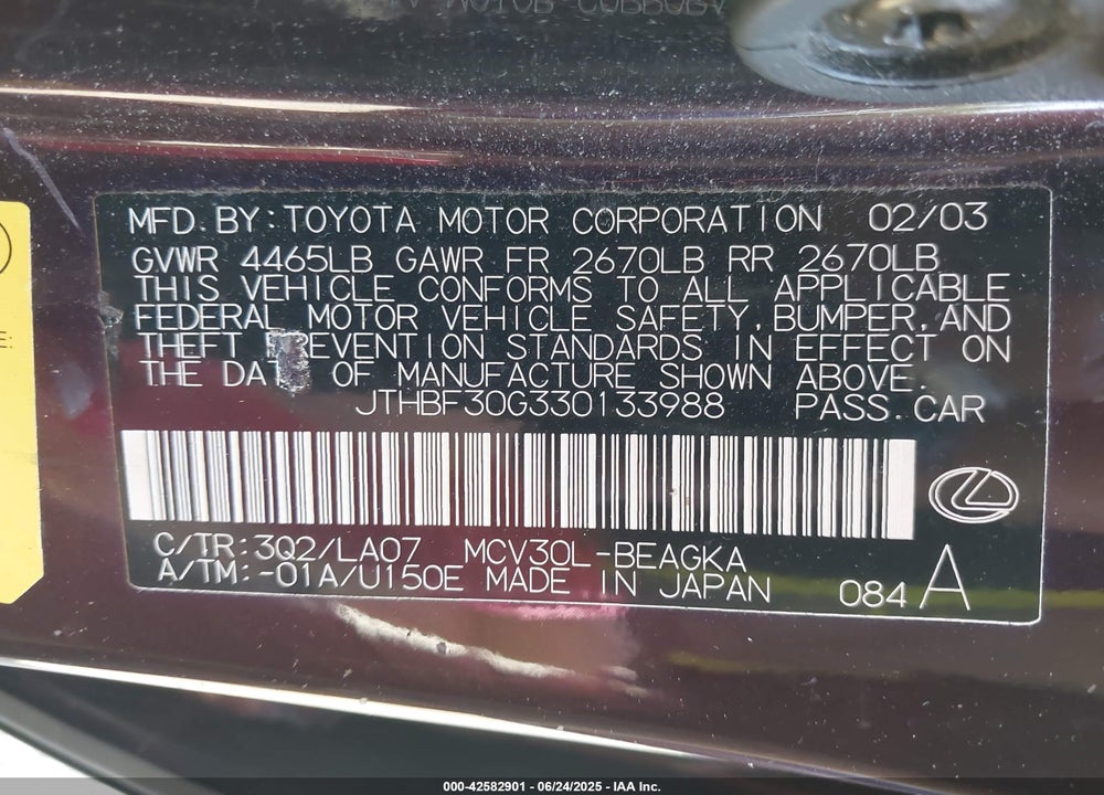 2003 LEXUS ES 300 VIN: JTHBF30G330133988