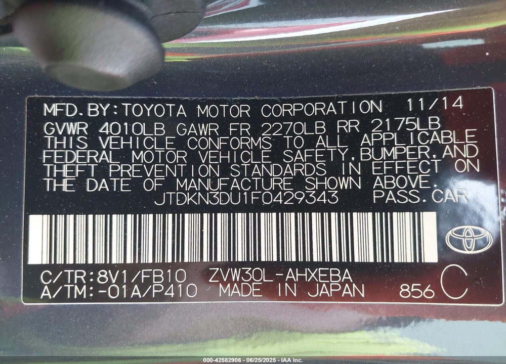 2015 TOYOTA PRIUS VIN: JTDKN3DU1F0429343