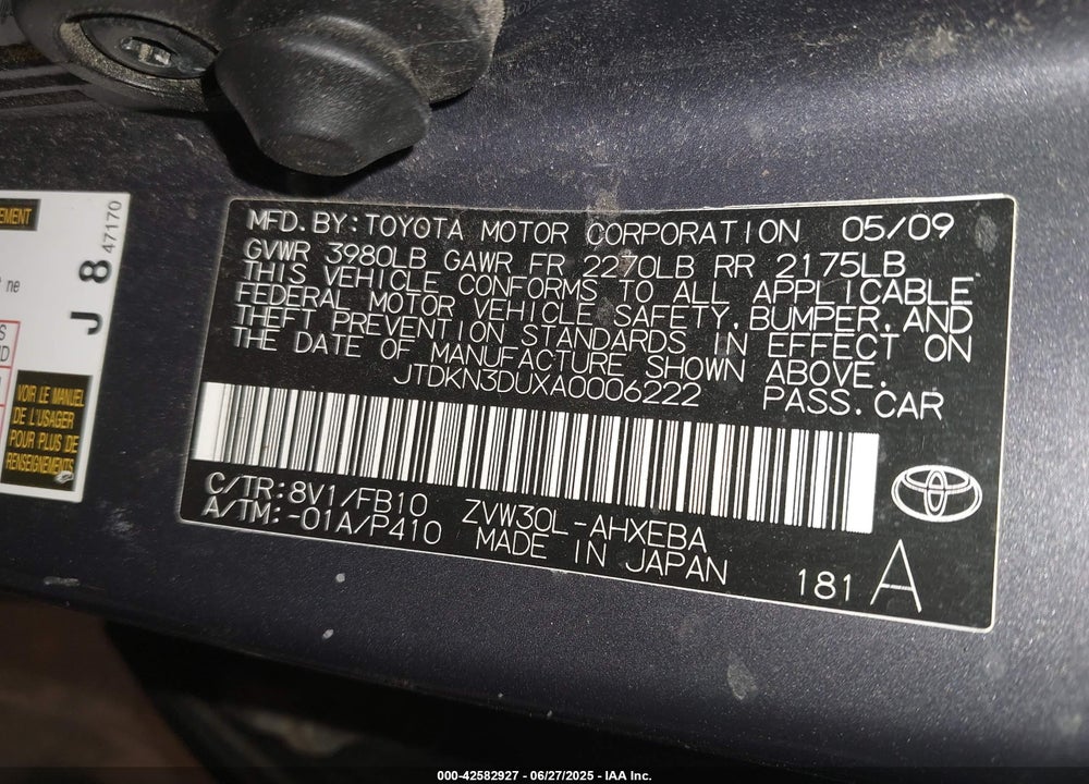 2010 TOYOTA PRIUS VIN: JTDKN3DUXA0006222