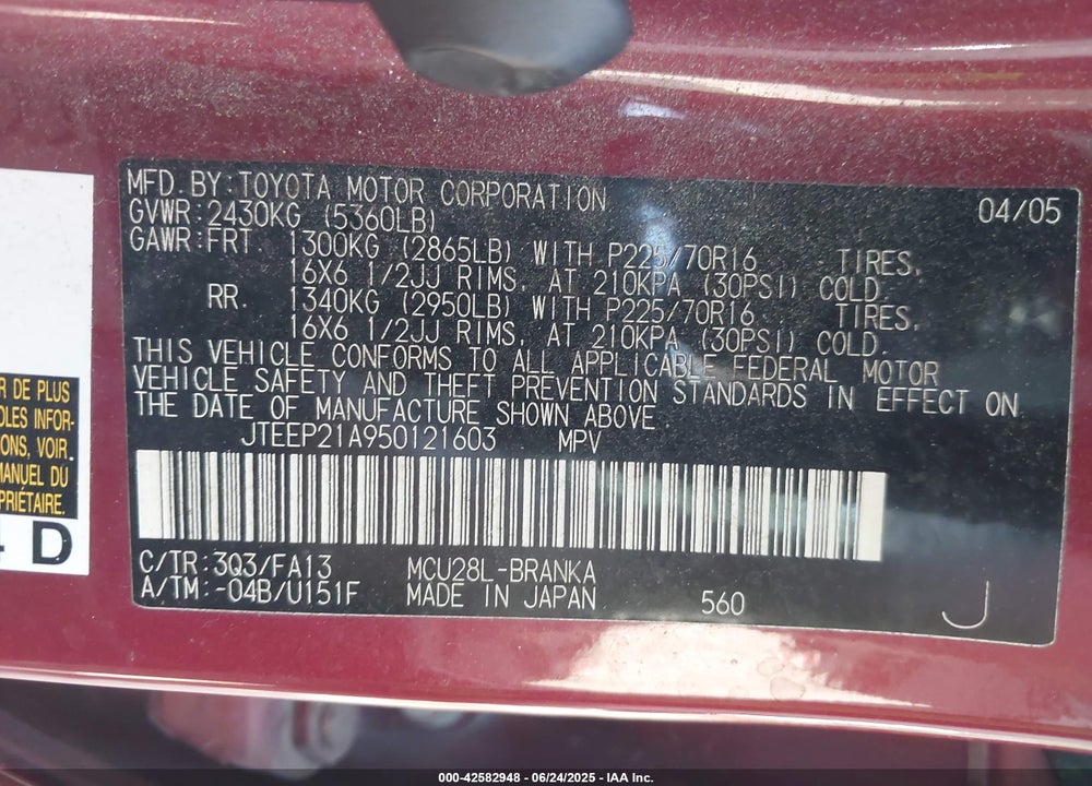 2005 TOYOTA HIGHLANDER V6 VIN: JTEEP21A950121603