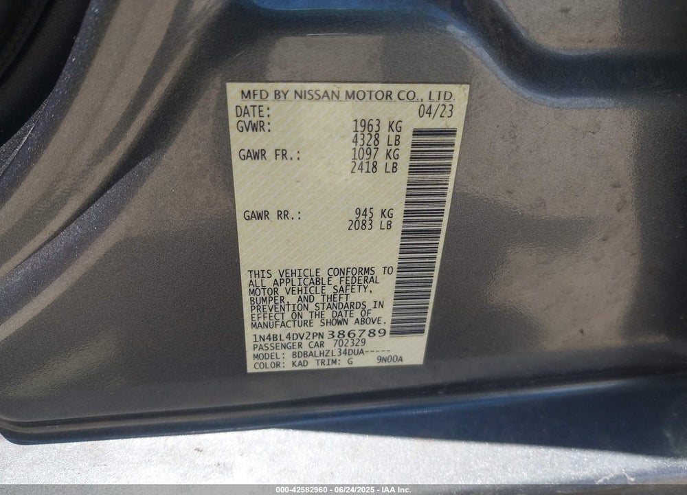2023 NISSAN ALTIMA SV FWD VIN: 1N4BL4DV2PN386789