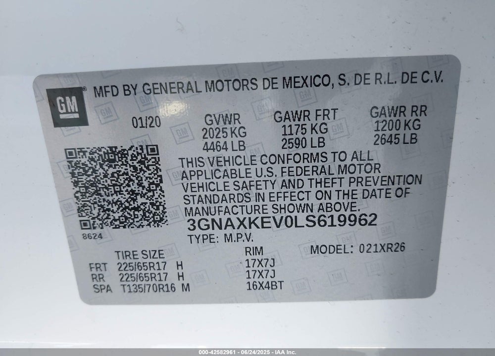 2020 CHEVROLET EQUINOX VIN: 3GNAXKEV0LS619962