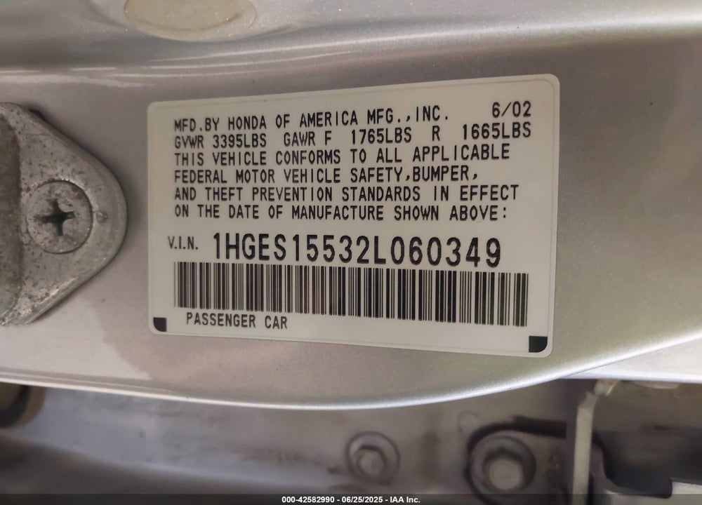2002 HONDA CIVIC LX VIN: 1HGES15532L060349