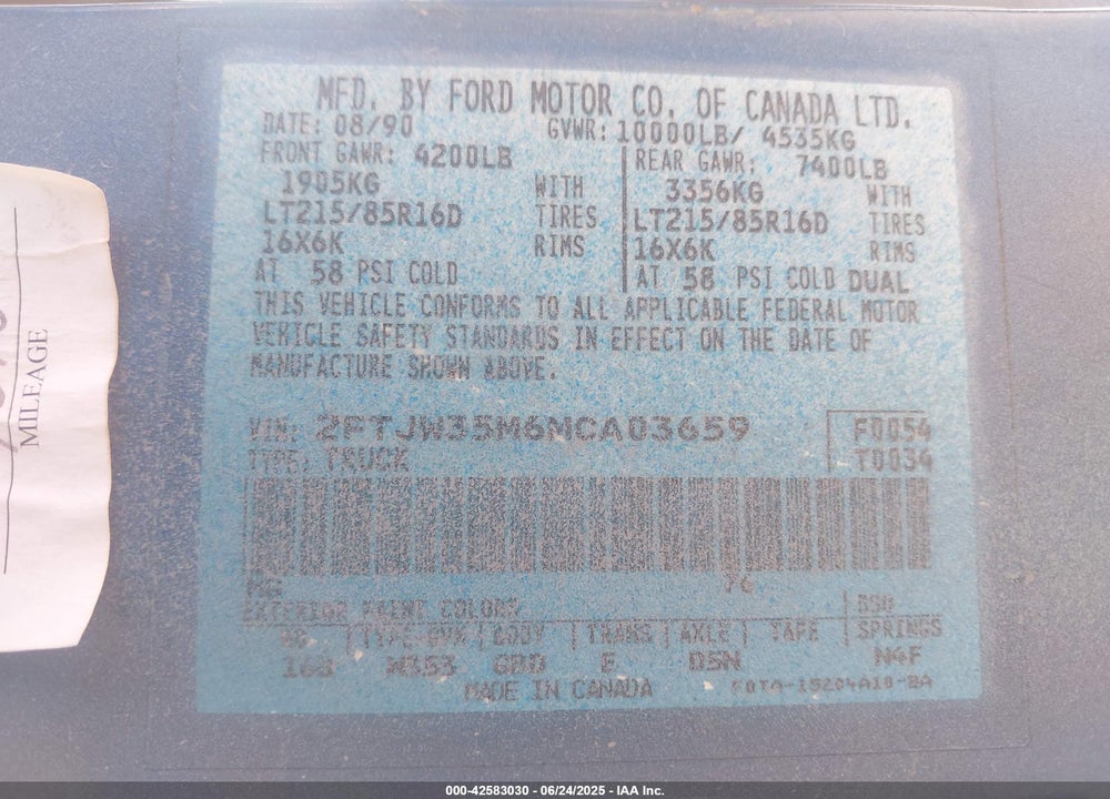 1991 FORD F350 VIN: 2FTJW35M6MCA03659
