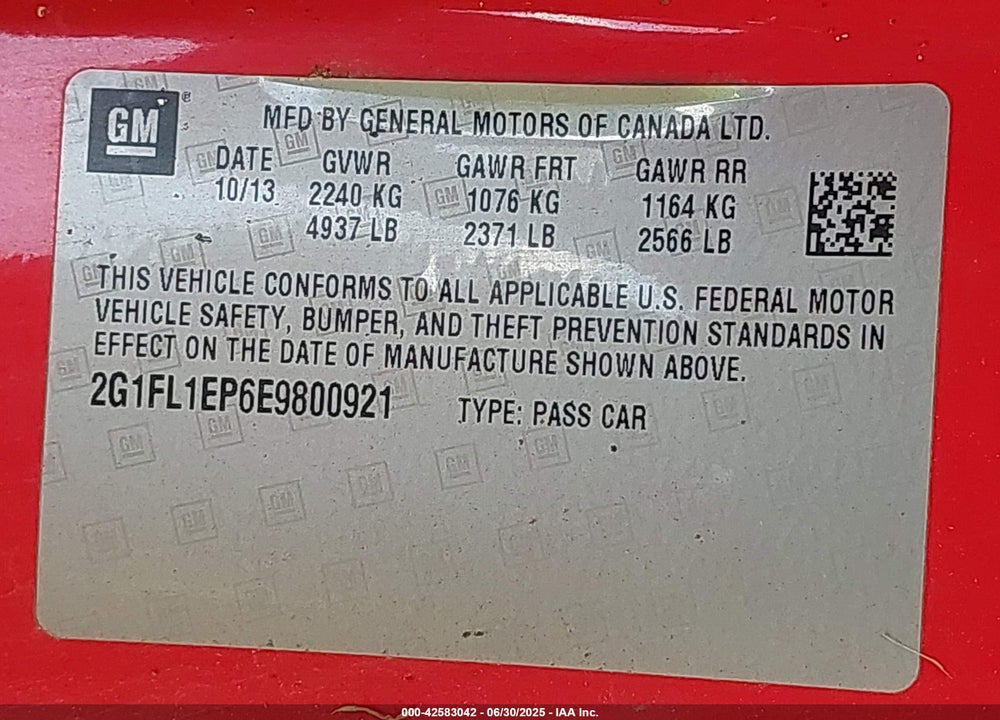 2014 CHEVROLET CAMARO ZL1 VIN: 2G1FL1EP6E9800921