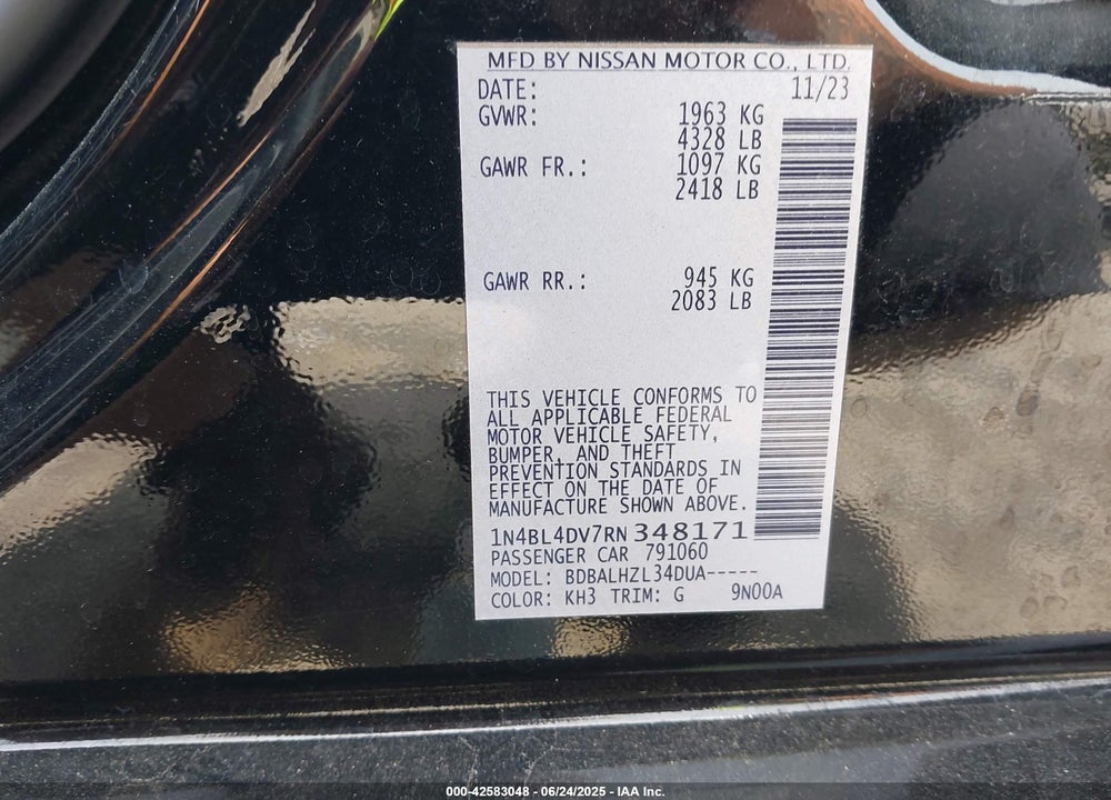 2024 NISSAN ALTIMA SV FWD VIN: 1N4BL4DV7RN348171