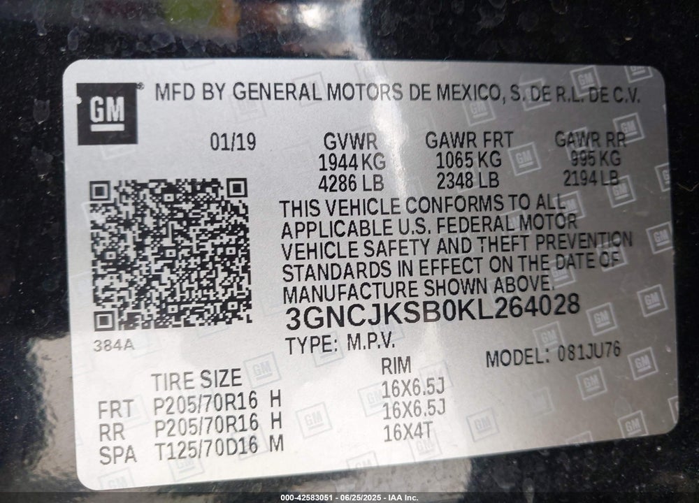 2019 CHEVROLET TRAX VIN: 3GNCJKSB0KL264028