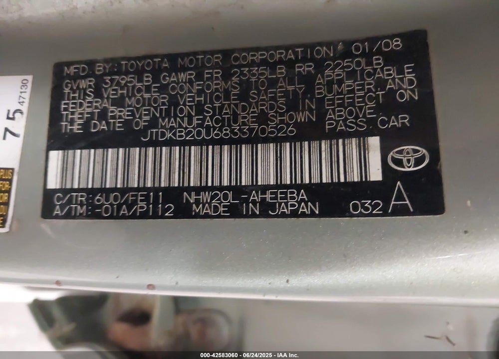 2008 TOYOTA PRIUS VIN: JTDKB20U683370526