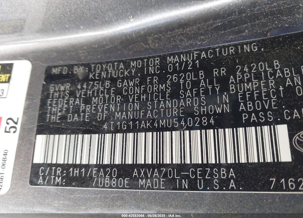 2021 TOYOTA CAMRY VIN: 4T1G11AK4MU540284