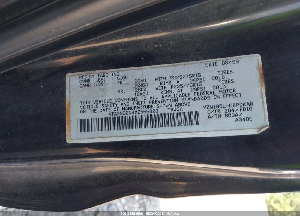 1999 TOYOTA TACOMA PRERUNNER V6 VIN: 4TASN92N4XZ566820