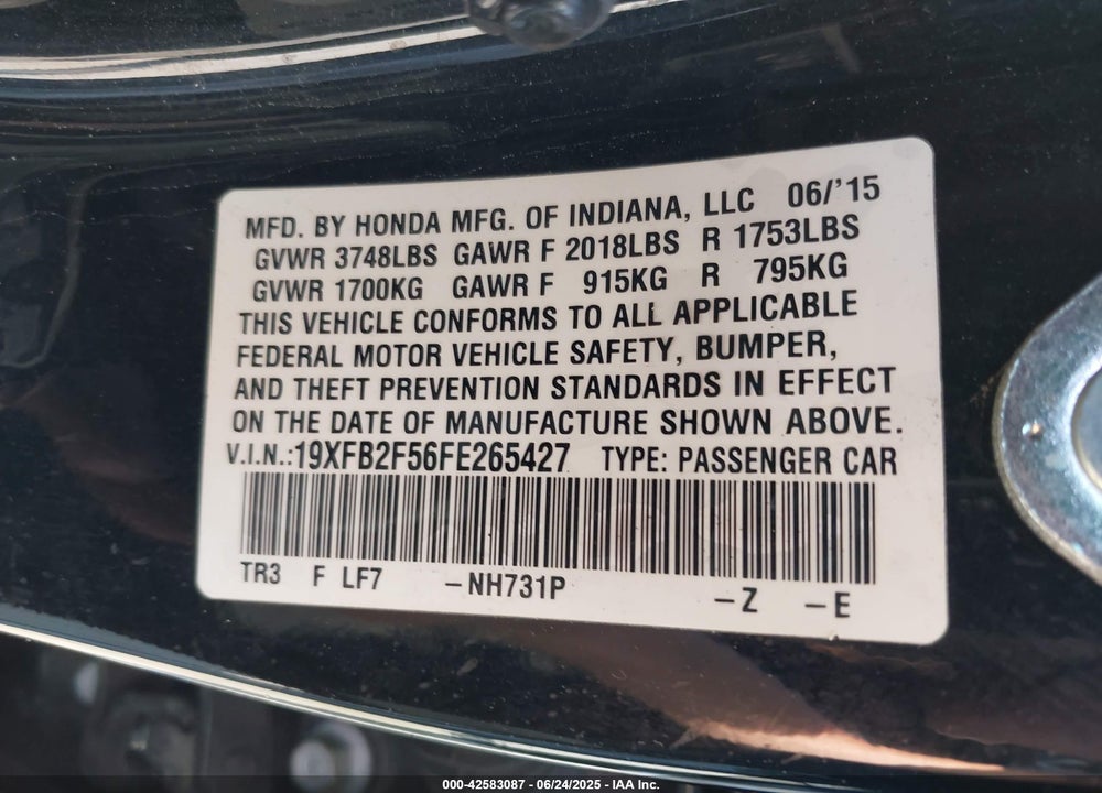 2015 HONDA CIVIC LX VIN: 19XFB2F56FE265427