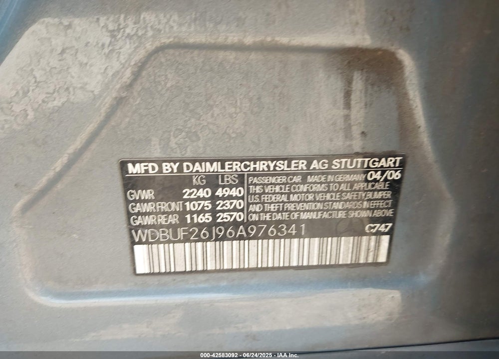 2006 MERCEDES-BENZ E 320 CDI VIN: WDBUF26J96A976341