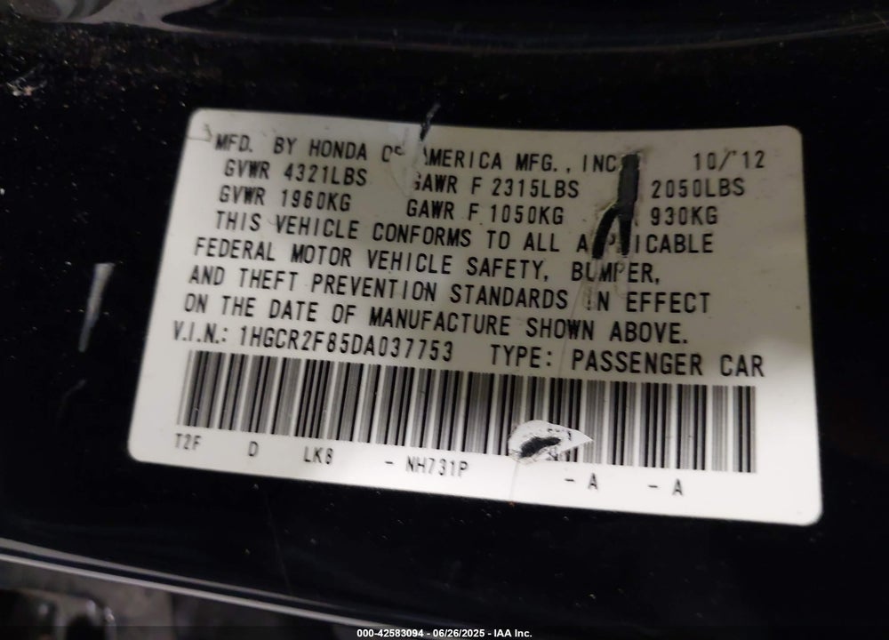 2013 HONDA ACCORD VIN: 1HGCR2F85DA037753