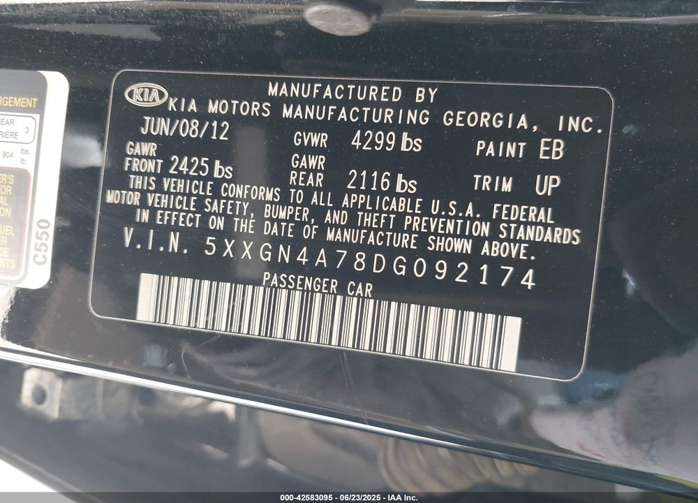 2013 KIA OPTIMA EX VIN: 5XXGN4A78DG092174