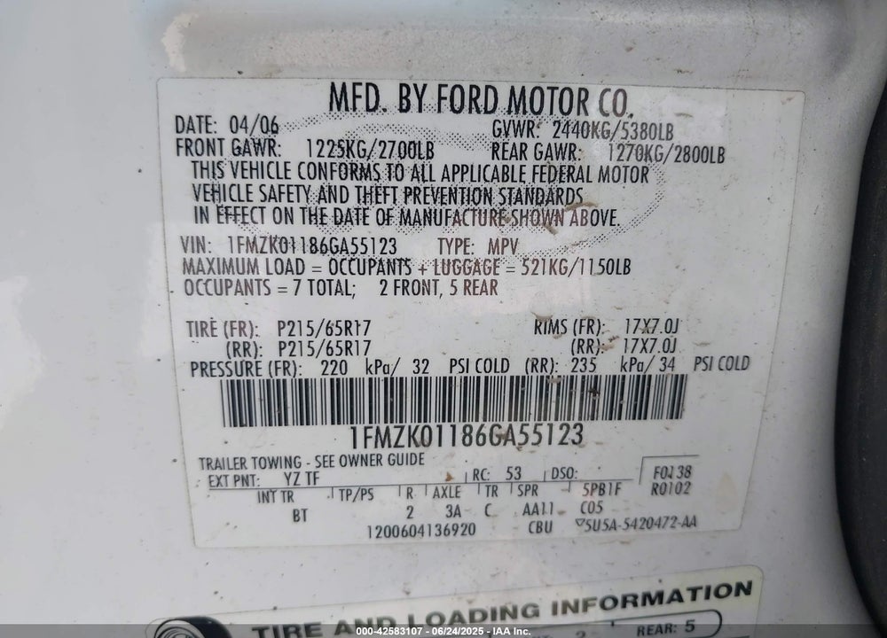 2006 FORD FREESTYLE VIN: 1FMZK01186GA55123