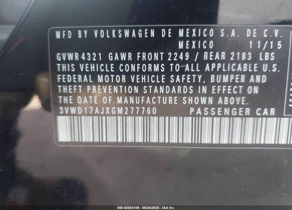 2016 VOLKSWAGEN JETTA VIN: 3VWD17AJXGM277760