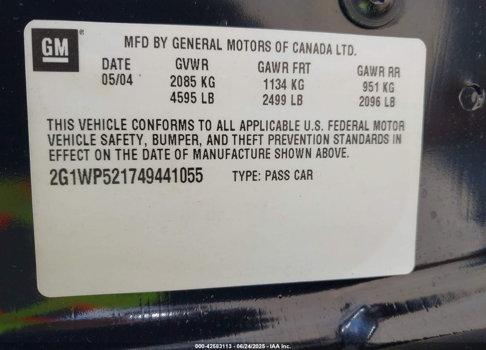 2004 CHEVROLET IMPALA SS SUPERCHARGED VIN: 2G1WP521749441055