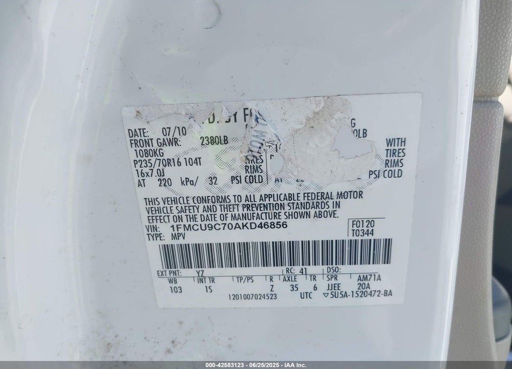 2010 FORD ESCAPE VIN: 1FMCU9C70AKD46856