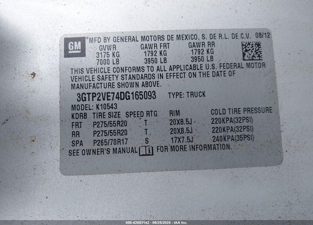 2013 GMC SIERRA 1500 VIN: 3GTP2VE74DG165093